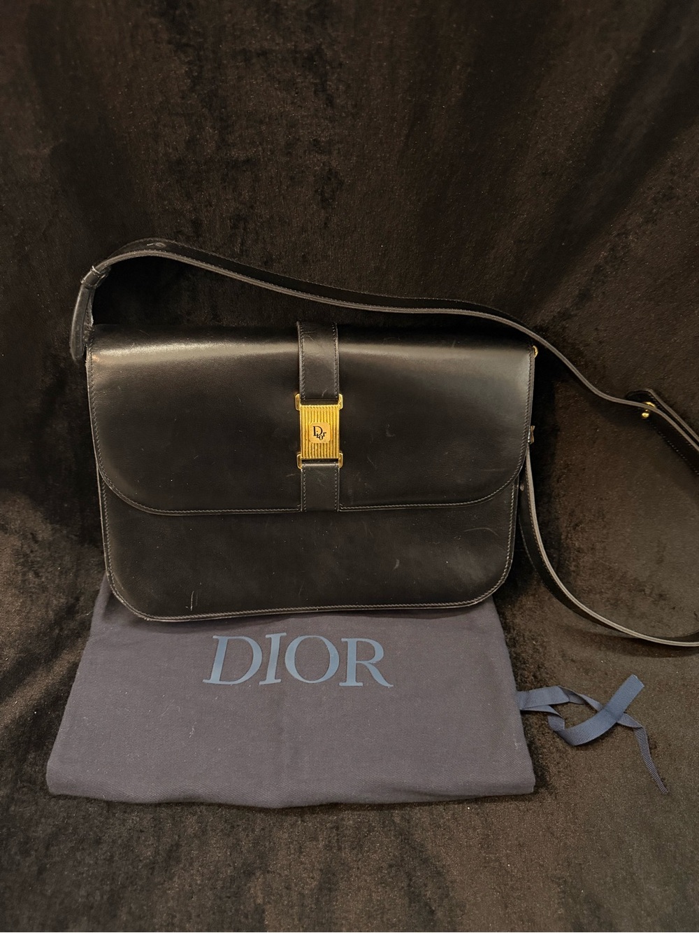 Vintage Dior Black Leather Messenger Bag with Gold Buckle